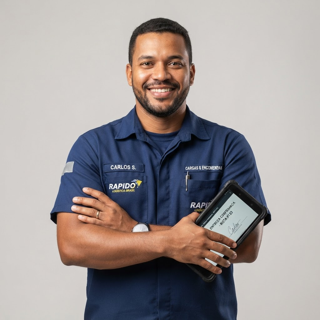 Motorista fretista sorrindo segurando um tablet
